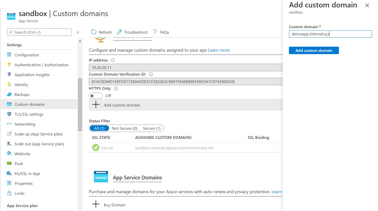 Configure Custom Domain from WebApp Settings
