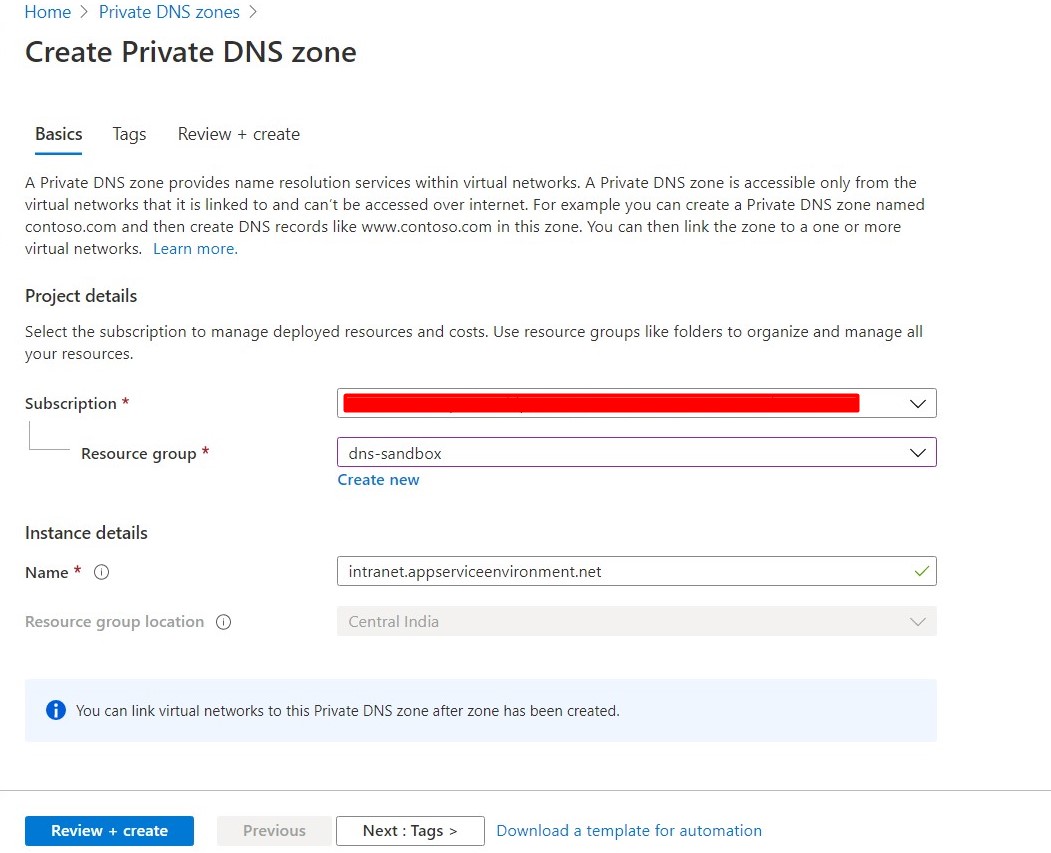 Create Azure Private DNS Zone