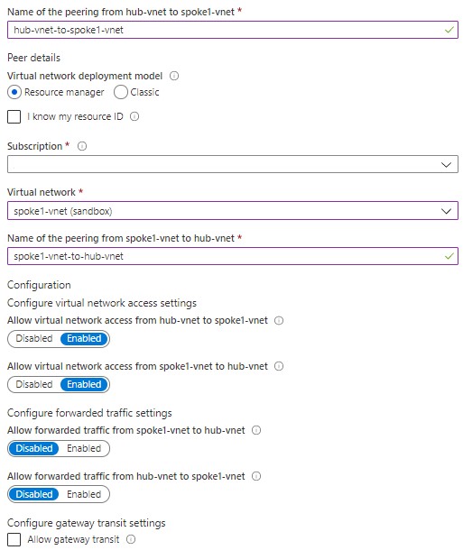 hub-vnet to spoke1-vnet peering settings