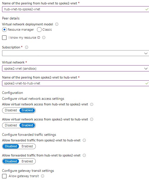 hub-vnet to spoke2-vnet peering settings